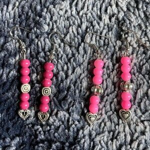 Handmade Pink & Silver Beaded Dangle Drop Earrings Set (2)